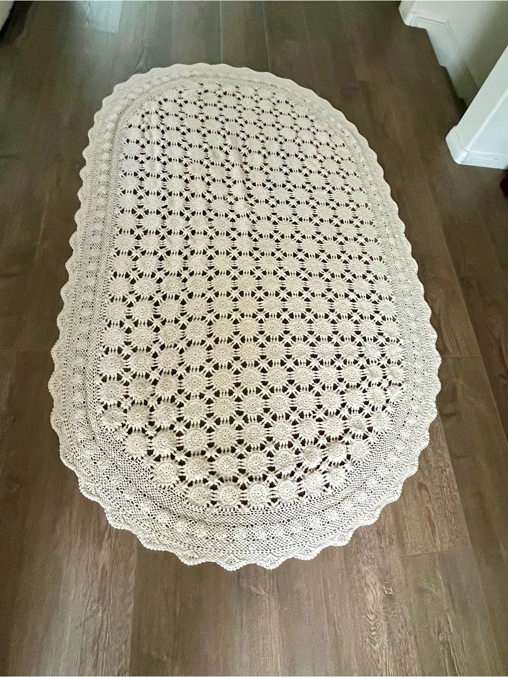 Cream Crochet Oval table cloth - Soft Handcrafted Look 48/80 Inches - Picture 2 of 9